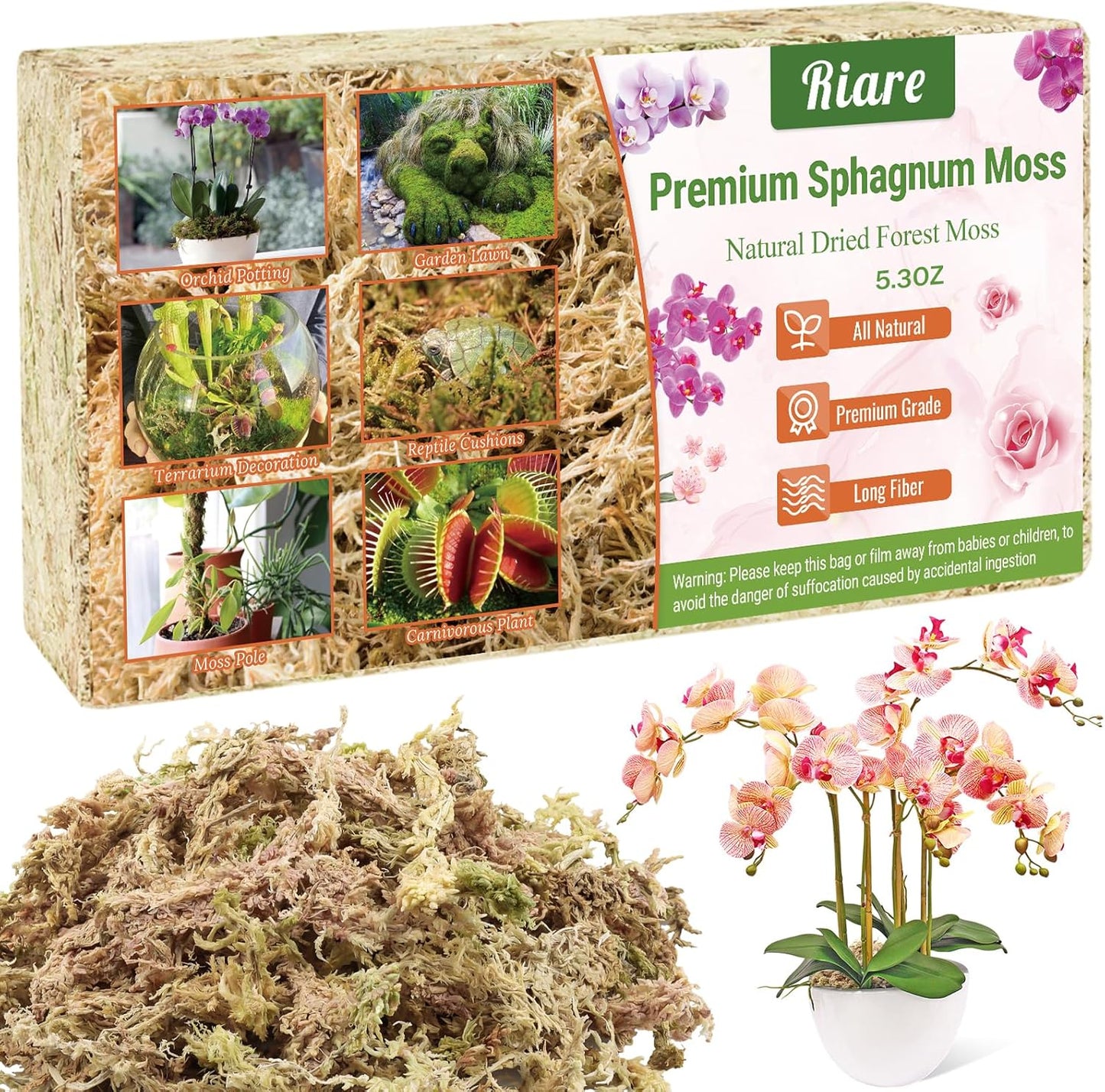 Riare 5.3 OZ Premium Sphagnum Moss for Plants- 6QT Natural Long Fiber Sphagnum Peat Moss Dried, Plants Moss Orchid Potting Mix for Orchids Repotting, Carnivorous Succulent Potted Plants and Reptiles
