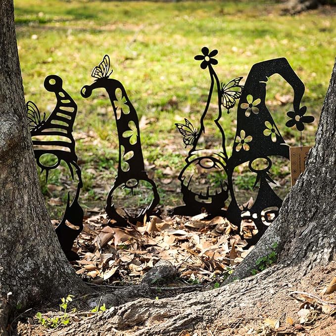 RealSteel Metal Garden Gnomes Outdoor – Steel 4 Pack Lawn Ornaments & Statues, Funny Yard Decor, Weatherproof Garden Decoration, Gift for Gardeners (Rust)