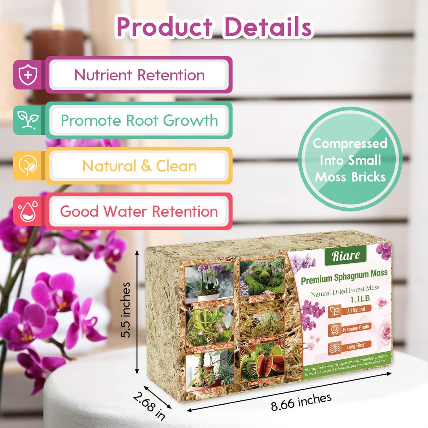 Riare 1.1 LBS Premium Sphagnum Moss- Natural Long Fibered Sphagnum Peat Moss Plants Moss Dried, Carnivorous Plants Moss Orchid Potting Mix for Orchids, Succulent, Reptiles (20QT)