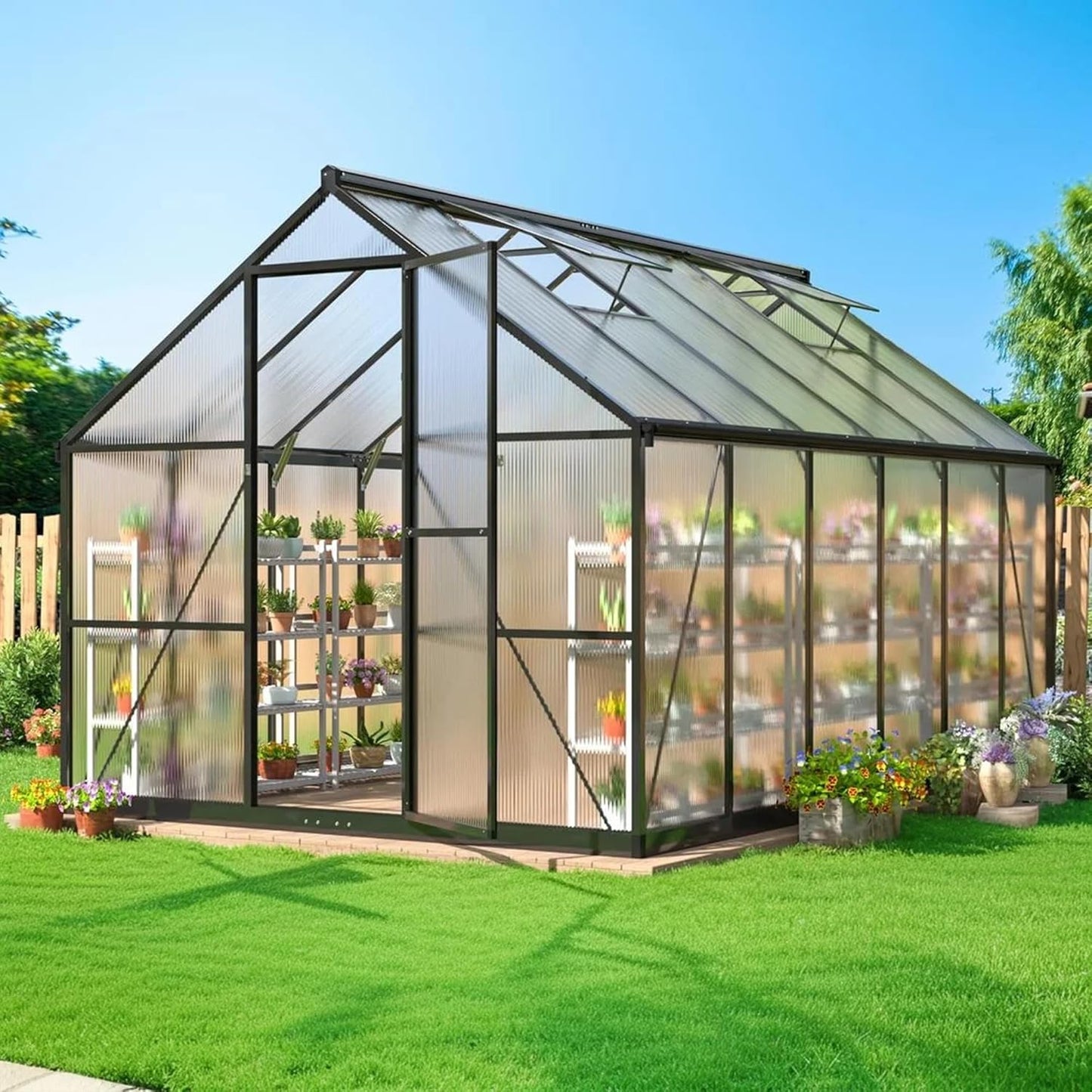 8×12 FT Greenhouse for Outdoors, Quick Setup Polycarbonate Greenhouse with Roof Vent, Walk in Green Houses for Outside for Outdoor Garden Backyard, Black