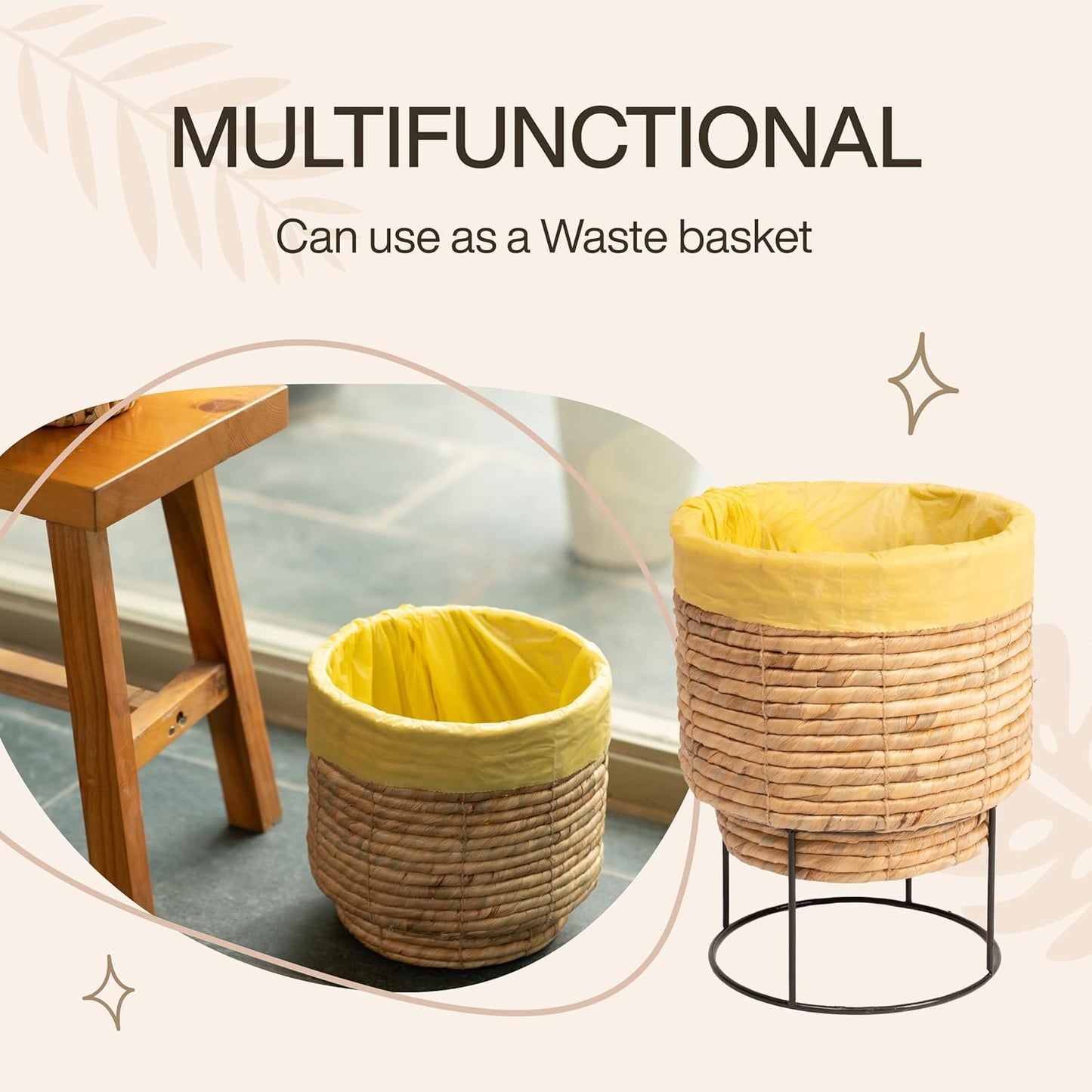 Set of 2 Water Hyacinth Planter Pot with Metal Stand - Indoor Flower, Succulent & Basket Planter - Decorative Braided Pot Cover