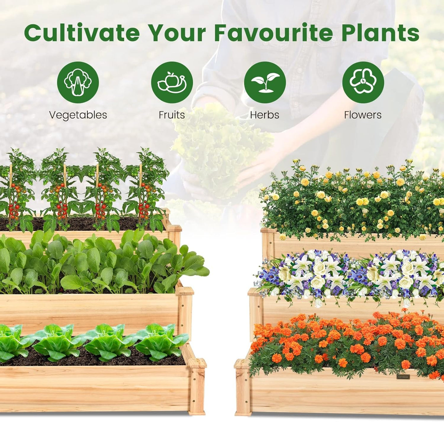 COSTWAY 3-Tier Raised Garden Bed, Wooden Elevated Planter Box for Vegetables Flowers Herbs Fruits, Outdoor Growing Planter Box Stand for Garden, Backyard, Patio, Balcony