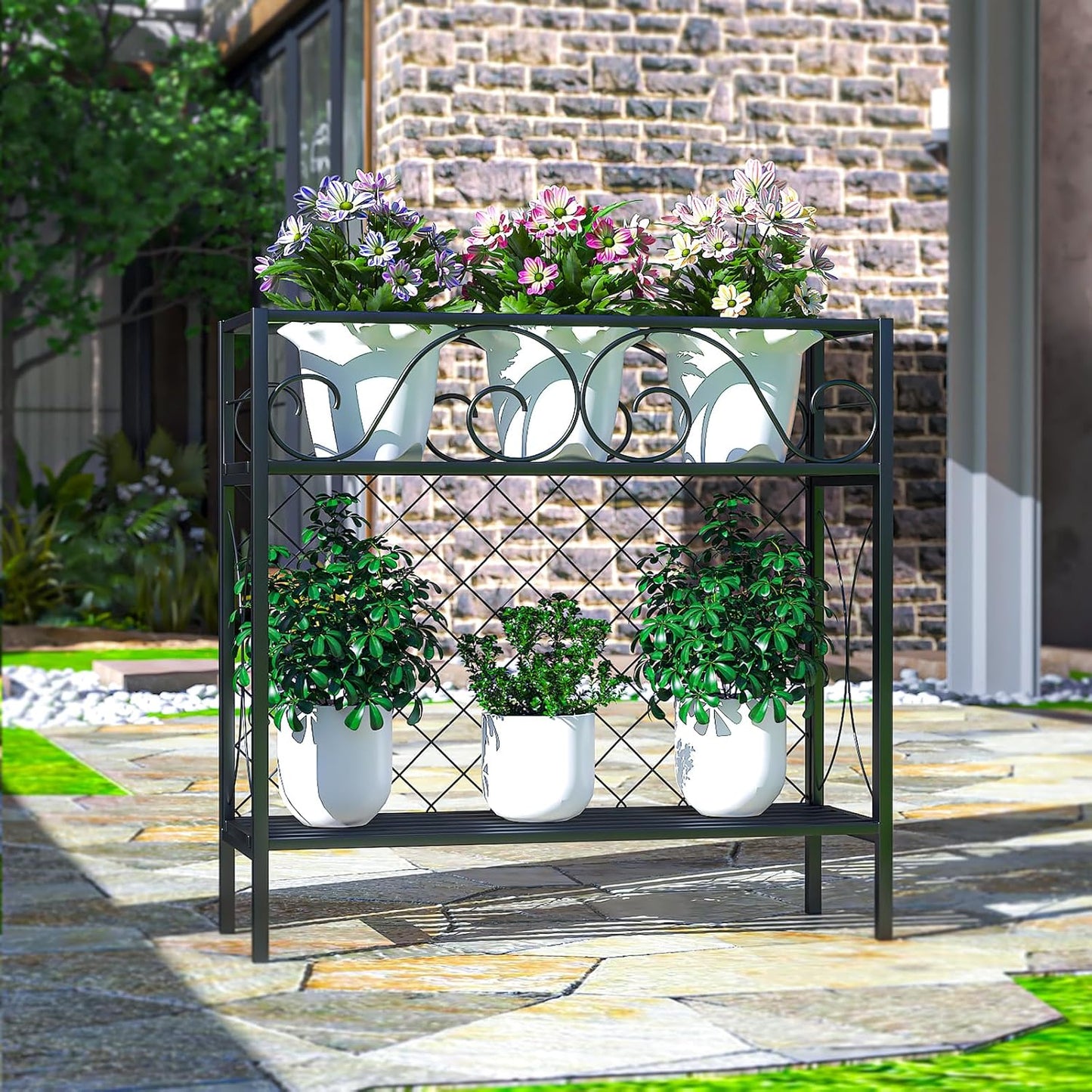 Zhongma 2 Tier Metal Sturdy Narrow Plant Stand, 35.43 L x 12.6 W x 35.43 H inch, Indoor and Outdoor Heavy Duty Metal Plant shelf for Small Spaces 440 LBS Capacity