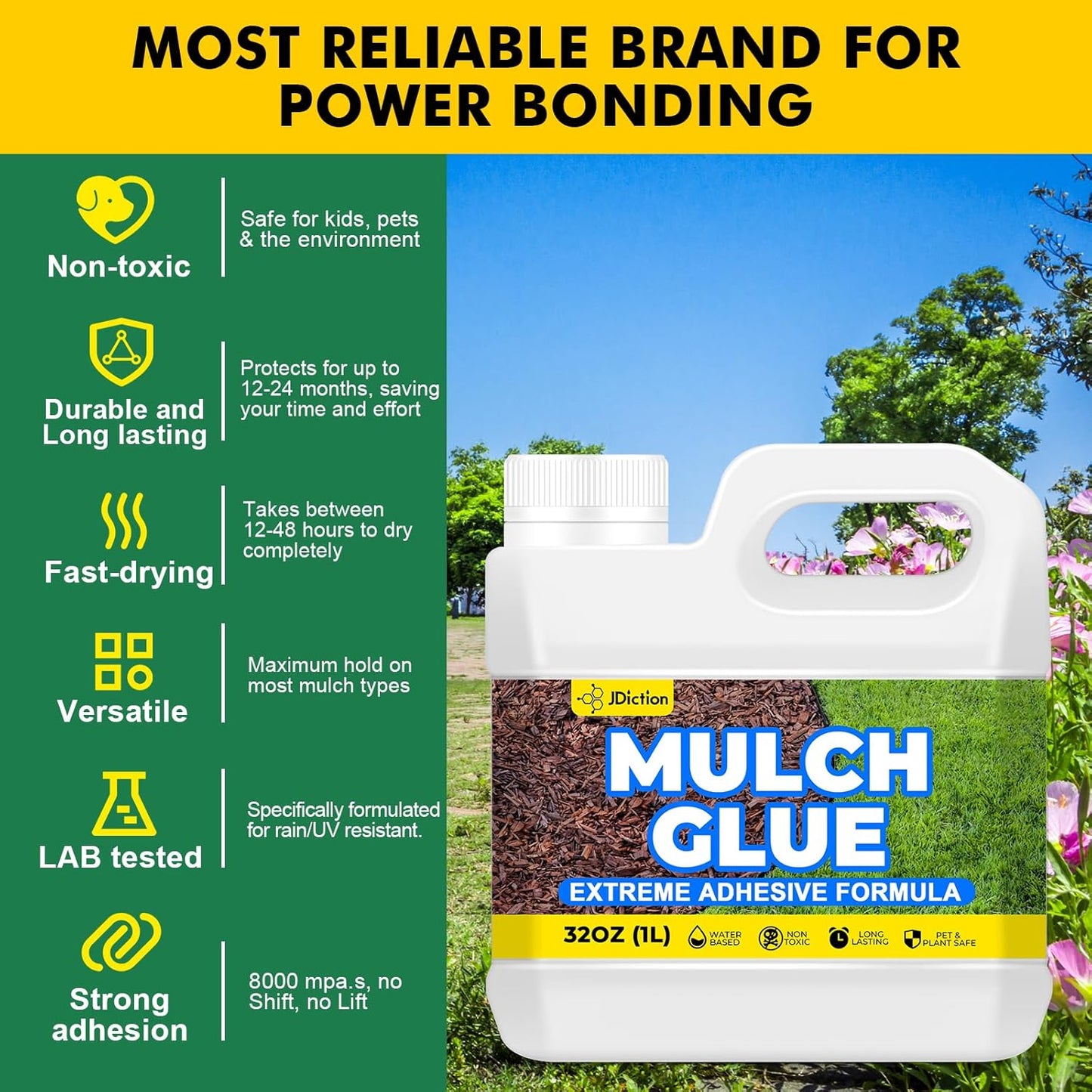 JDiction Mulch Glue for Landscaping – 1 Gallon Gravel Binder, Rubber Mulch Stabilizer, Landscape Mulch Lock Adhesive, Concentrated Rock Glue for Landscaping, Non-Toxic, Fast Drying, Lasts up to 2 Year