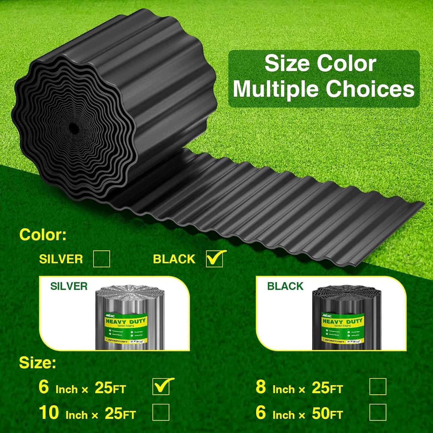 MIXC Corrugated Metal Garden Edging, Landscape Border for Lawn, Flower Bed & Paver (Black, 6 Inch × 25FT)