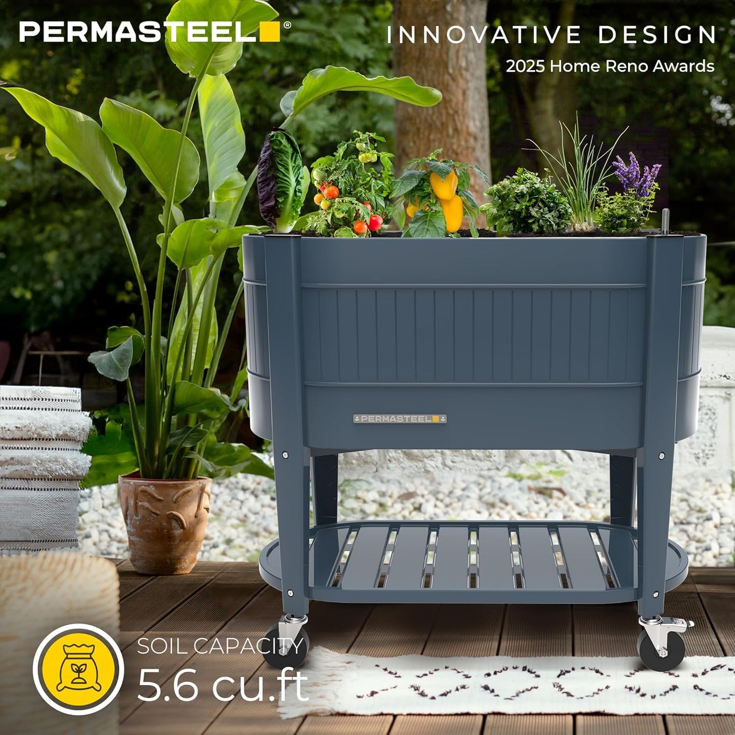 Permasteel Raised Garden Bed with Legs, 40×20×37 in, Planter Box with EnGrow™ TrueSoil™ Technology for Vegetables, Flowers, Herbs, and Fruit, Outdoor Indoor, Storage Shelf, Blue