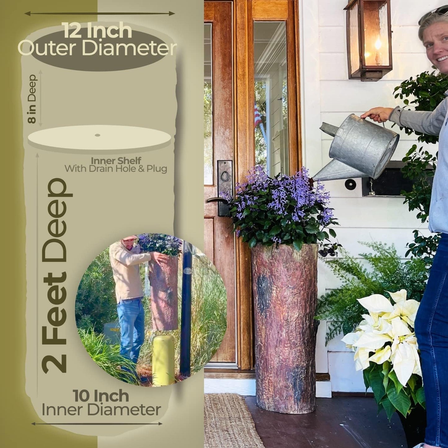 🌳 Large Hollow Log Planter. Outdoor Garden, Yard & Porch Pot. Tall Tree Stump Well Pump Cover. Weatherproof, Rustic, Natural Looking Deck & Patio Decor. Better Than a Fake Rock.