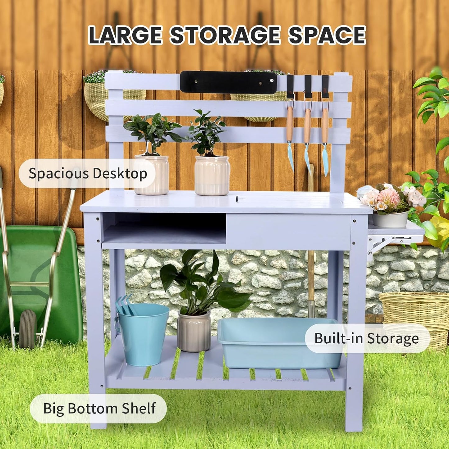 Potting Bench Outdoor Potting Table—All-Weather Kids Solid Wood Garden Work Station with Sink、Hooks、3Flower Pots, Weather Proof（Blue, Large）