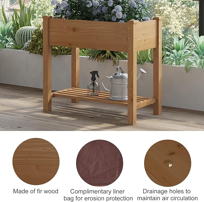 FILWH Raised Garden Bed with Legs Elevated Wooden Planter Box Stand Large Planter Stand Box for Fruits Vegetables Flowers with Divider with Bag - 34x18x30.5IN（Brown）