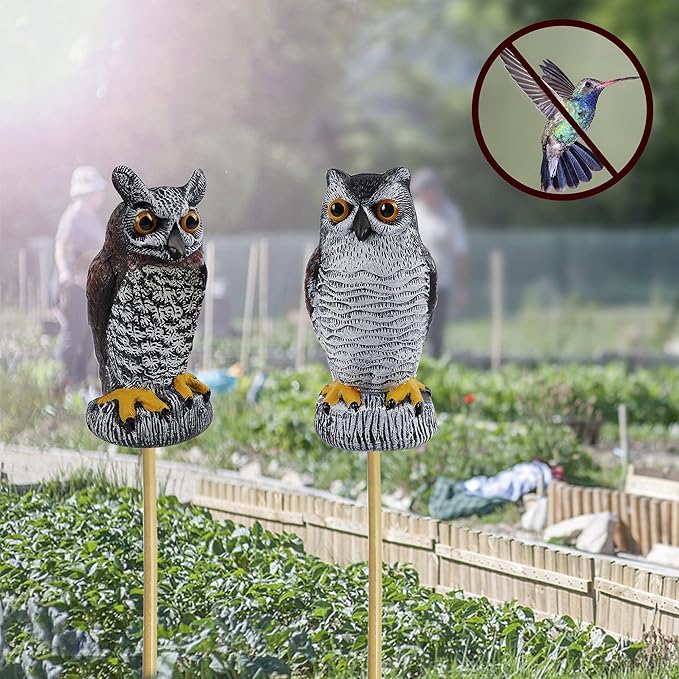 Hausse 2 Pack Fake Owl Decoy Bird Scarecrow Sculpture, Plastic Horned Owl Bird Deterrents with Yellow Claws, Garden Protectors, Large Nature Enemy Pest Repellent for Outdoor Garden Yard