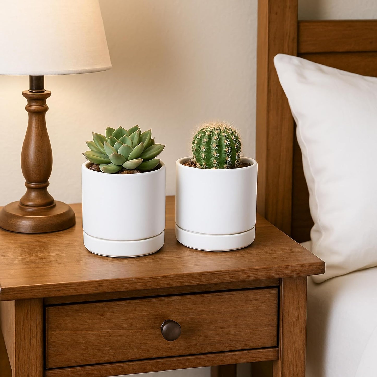 D'vine Dev Set of 2 Plants Pot, 4.7 Inch Ceramic Planter Pot for Plants with Drainage Hole and Saucer, White, 94-V-B-1