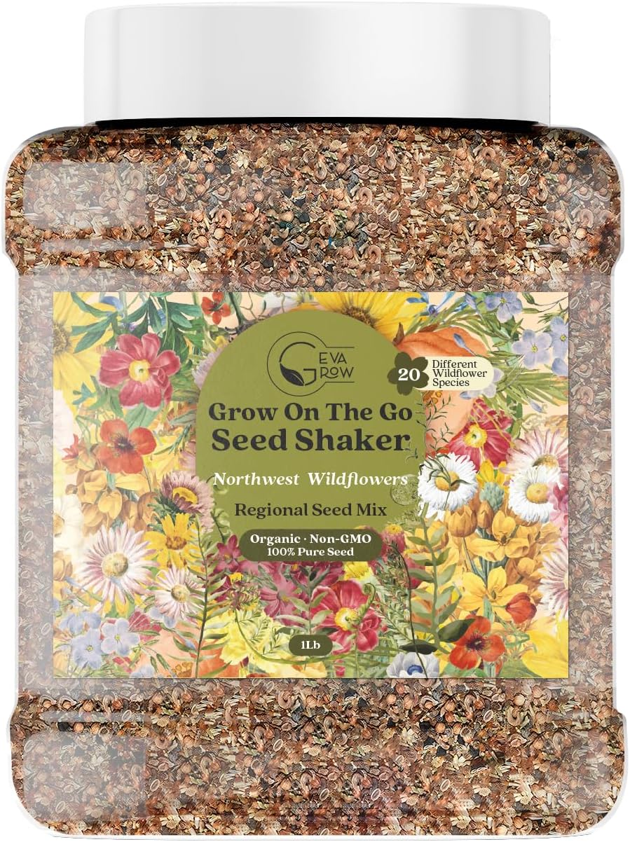 Geva Grow Northwest Wildflower Seeds Regional Mix - Organic, Non-GMO - 100% Pure Seed - 20 Different Wildflowers Seeds of Annual and Perennial, 1 LB Tub