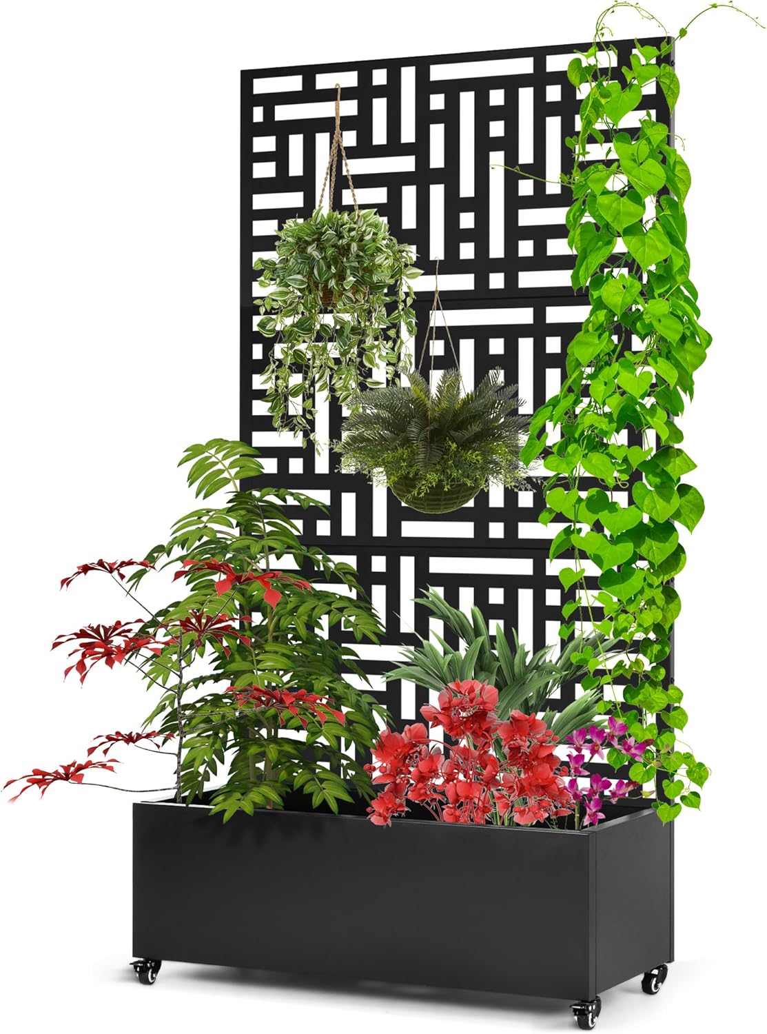 Metal Planter Box with Trellis,71”Raised Garden Bed with Trellis Privacy Screen and Drainage.Wheeled for Patio Flexibility,Perfect for Climbing Veggies/Flowers.DIY-Friendly Design