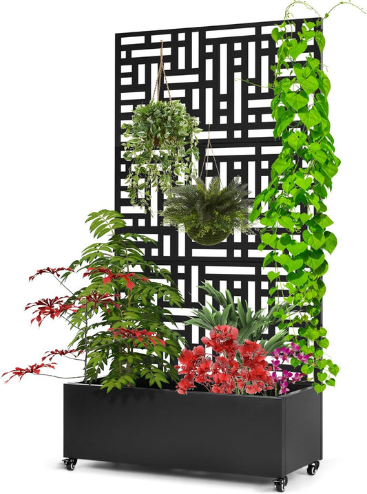 Metal Planter Box with Trellis,71”Raised Garden Bed with Trellis Privacy Screen and Drainage.Wheeled for Patio Flexibility,Perfect for Climbing Veggies/Flowers.DIY-Friendly Design