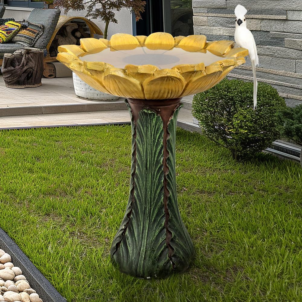 Garden Birdbath Sunflower Shaped, 24.4" H * 20" Φ Freestanding Concrete Bird Bath for Outside Patio Yard Decor