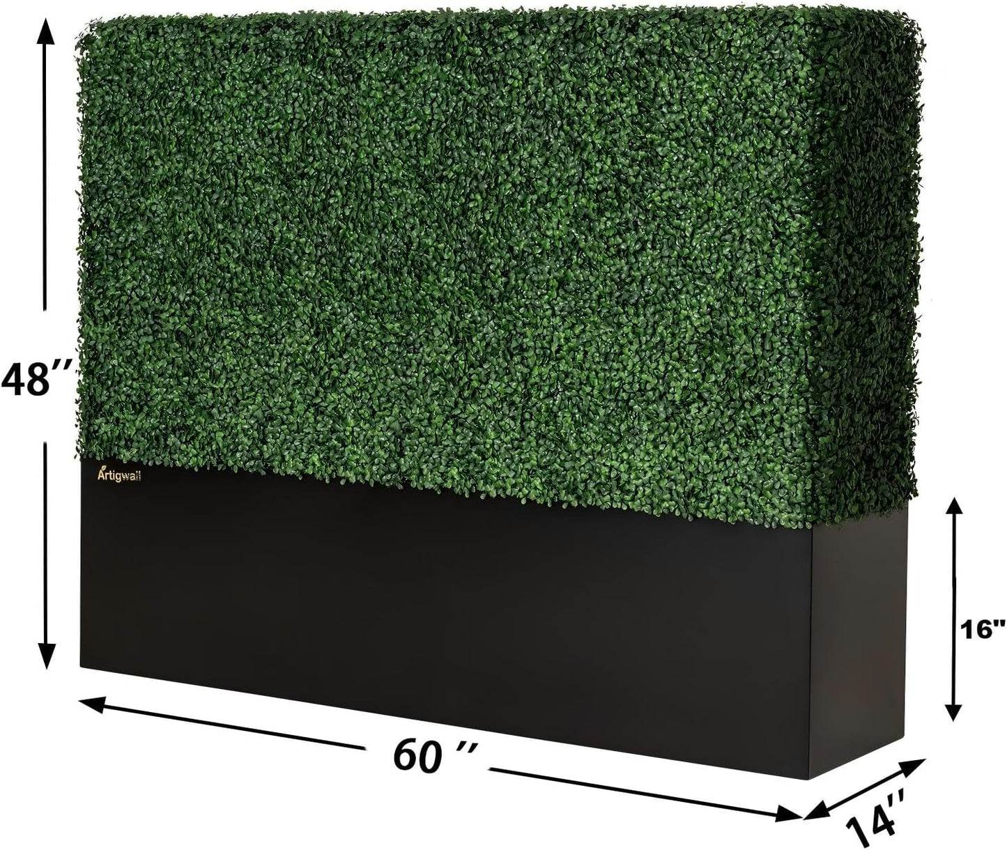 Artificial Boxwood Hedge Divider Wall with Black 201 Stainless Steel Planter Box (60" L X 48" H X 14" D)