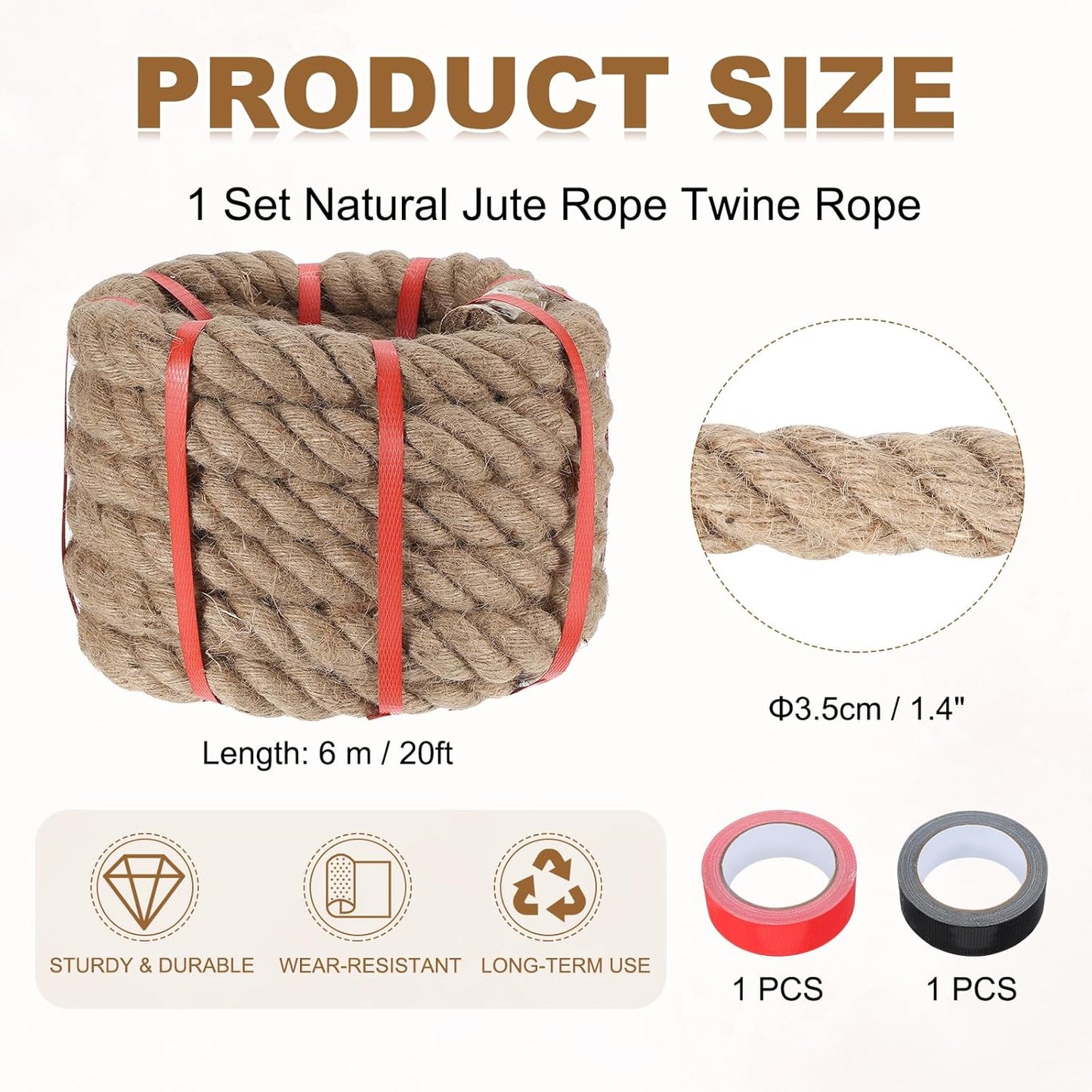 MECCANIXITY Jute Rope 1.4 Inch x 20ft, Thick Twine Rope Ropes Braided Jute Twine Natural Brown Burlap Cord String Heavy Twisted with Tapes for Decorative Crafts Railing Swing Tug of War