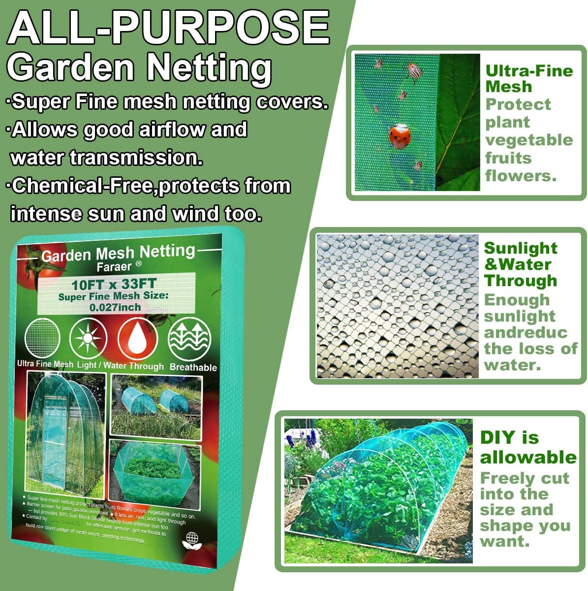 Garden Barrier Netting, Plant Covers 10x33ft Extra Fine Mesh 30% Green Sunblock Shade Cloth Mesh Protection Netting for Vegetable Fruits Flowers Crops Row Cover Raised Bed Screen Against Birds Animal