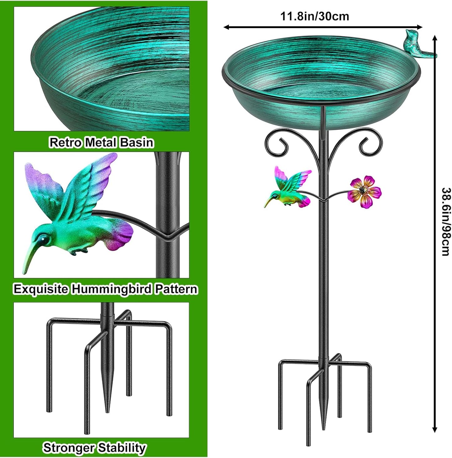 38.6in Bird Baths for Outdoors, Detachable Birdbaths for The Garden Clearance, Freestanding Bird Baths for Outdoors, Bird Bath Bowl Spa & Birdfeeder with Metal Stake Stand (Retro Green)
