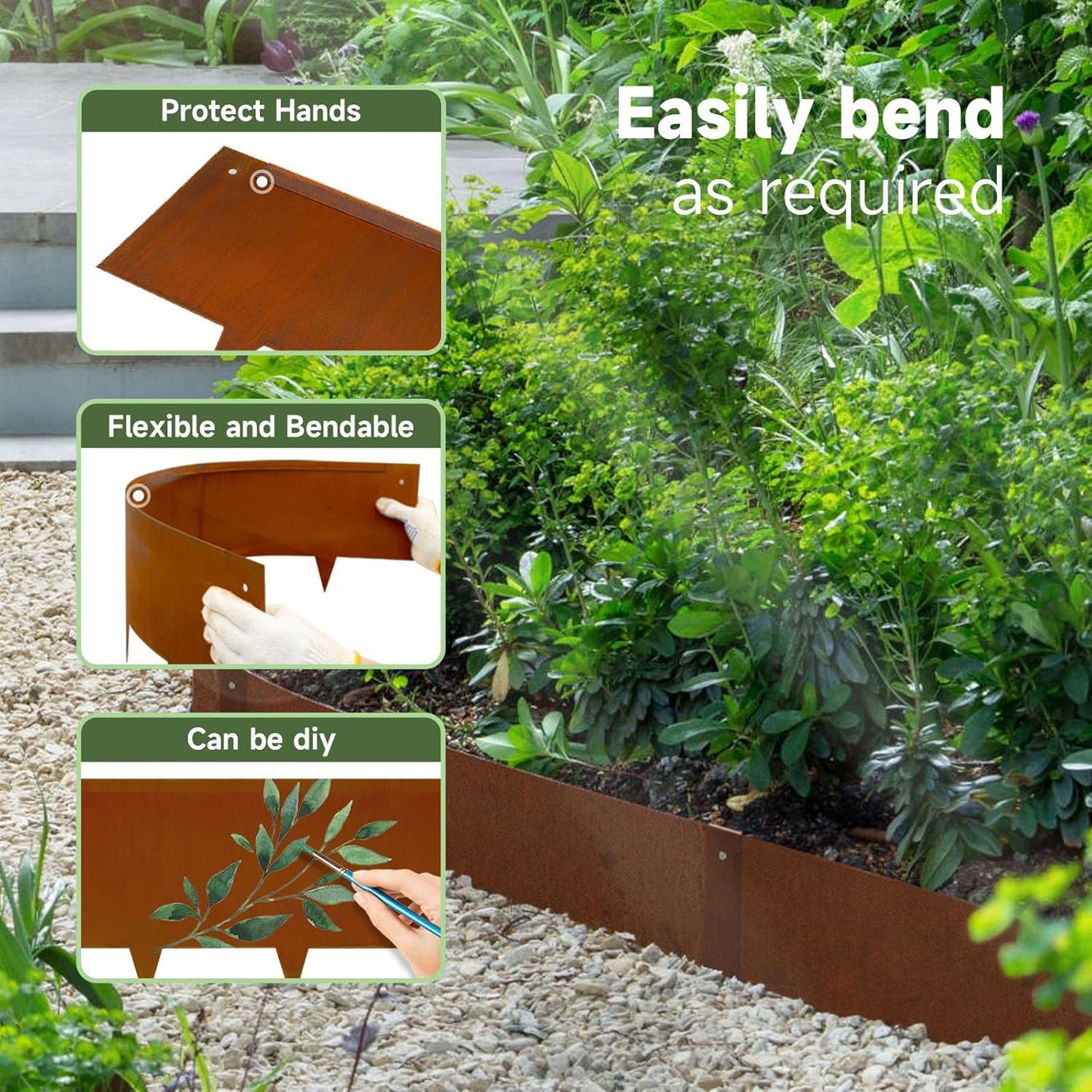 Corten Steel Landscape-40 LX 10" H Metal Garden Edging 20FT Total Rusted Lawn Edging 6 Pcs-No-Dig Hammer Heavy Duty Steel Edging-Bendable Border Strips for Lawn Yard Courtyard Pathway-6 Clips