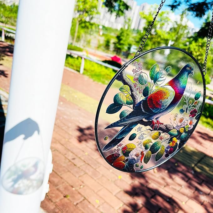 RIVEENY Stained Glass Window Hangings,8" Suncatcher Stained Glass Window Panels,Stained Panel Hangings Gift Women Girls Thanksgiving Birthday Gifts for Mom Grandma (Pigeon)