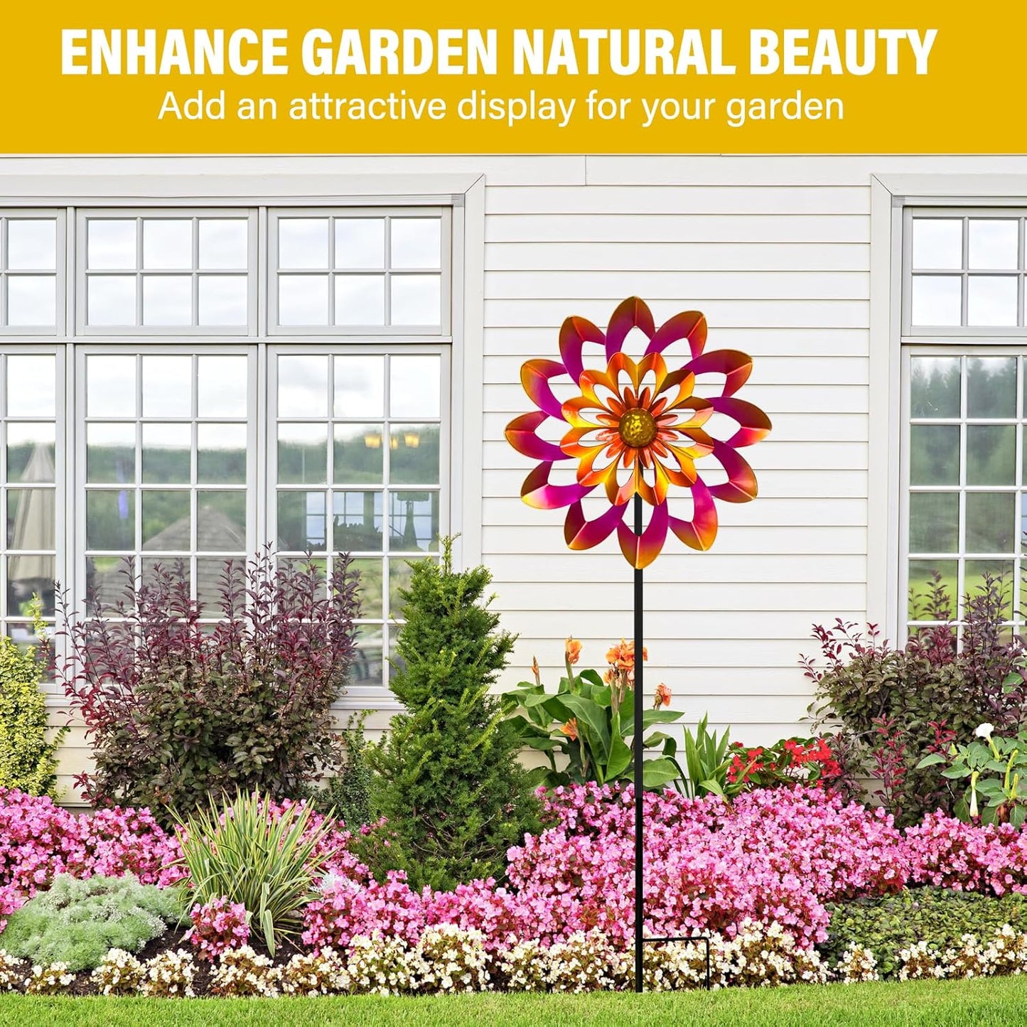 45" Gerbera Wind Spinners for Yard and Garden, Golden Balls Kinetic Wind Spinner Outdoor Decor, Wind Sculpture Yard Art Decorations for Patio, Lawn & Garden