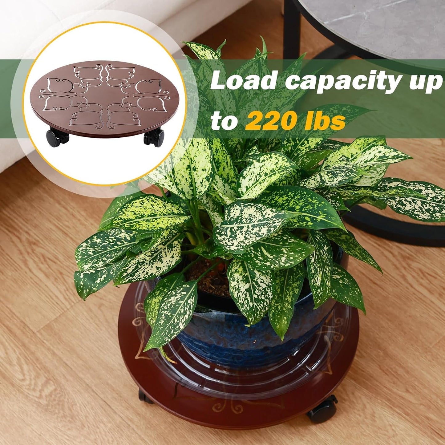 3 Packs 12 inches Large Metal Plant Caddy with Wheels Round Planter Dolly Pot Mover Rollers Wrought Iron Rolling Plant Stands Indoor Outdoor Wheeled Plant Holder Coaster Trolley, Butterfly, Brown