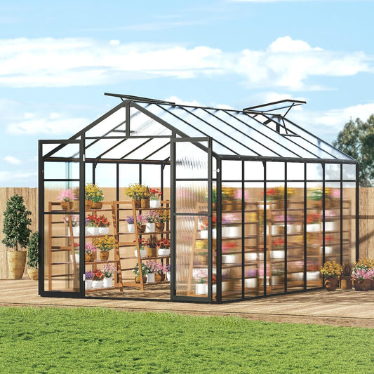 VEVOR Polycarbonate Greenhouse, 8 x 14 Ft, Outdoor Greenhouse with 2 Vent Windows, Pavilion Styled Greenhouse with Hinged Door, Aluminum Large Walk-in Greenhouse Kit for Outside Garden Backyard