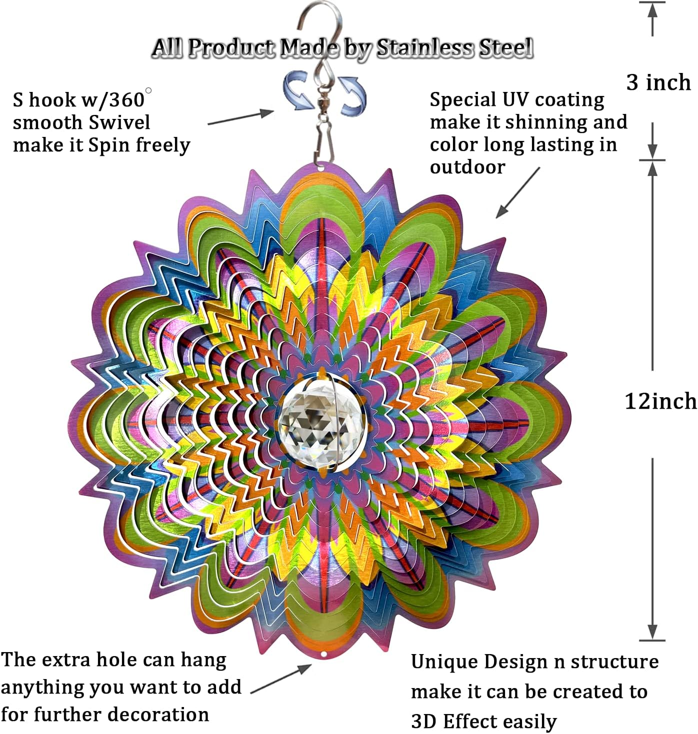 FONMY Mandala Wind Spinner w/Crystal Ball-Bloosom 3D Stainless Steel Suncatcher Hanging Spinners Worth Gift Christmas Decoration Indoor/Outdoor Garden Décor Kinetic Yard Art 12 Inches Wind Sculpture