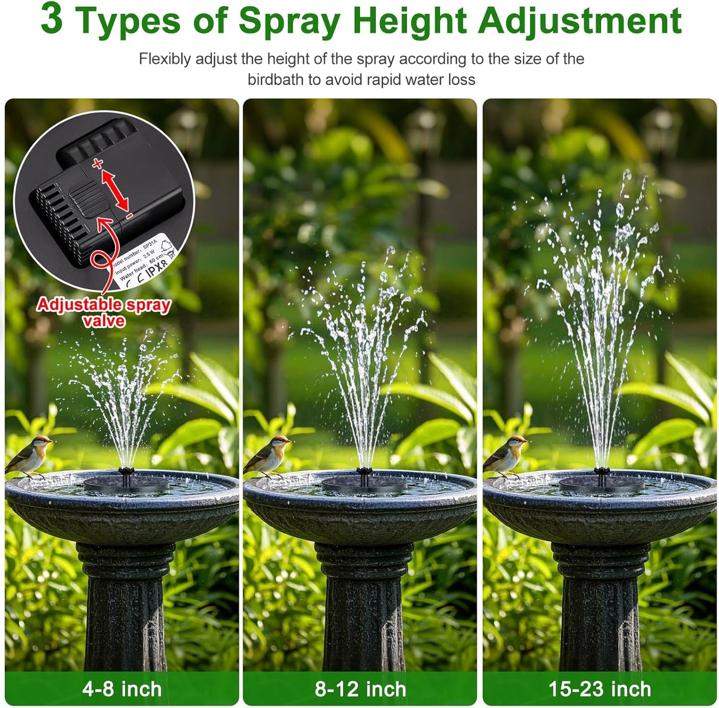 Solar Fountain Pump with Spray Height Adjustment, Upgrade Glass Solar Bird Bath Fountains with 6 Nozzles, Outdoor Solar Water Fountain Pump for Bird Bath, Garden, Pool, Pond