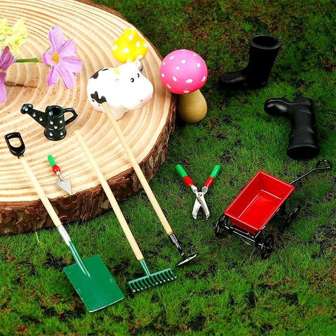 Miniature Fairy Garden Accessories Set 9 Pcs 1:12 Mini Metal Spade Pestle Kettle Wagon Rake Garden Watering Supplies Micro Landscape Ornaments Dollhouse Accessories