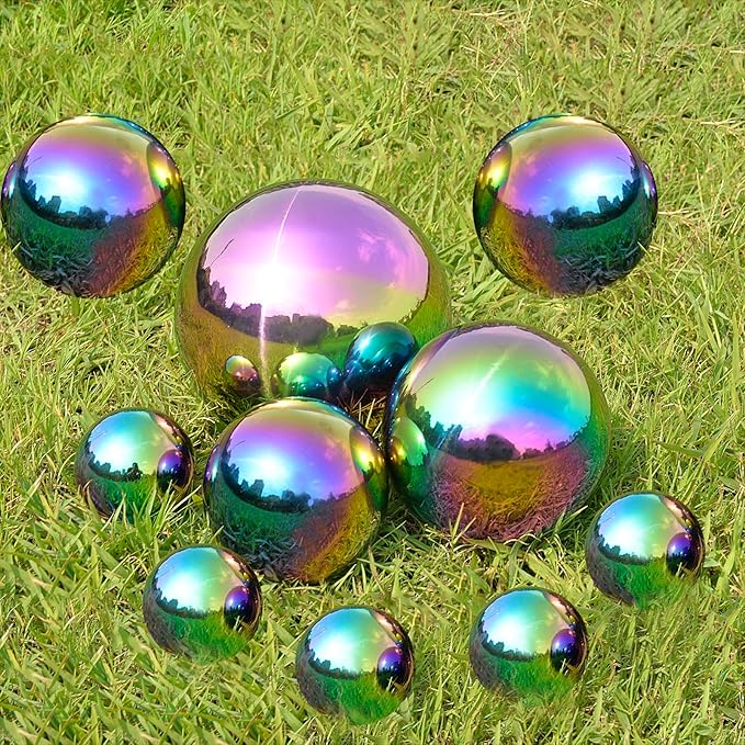 Nerien Gazing Ball, Stainless Steel Garden Mirror Globe, Polished Ornament Sphere, Hollow Floating Reflective Hemisphere, for Home Outdoor Pond Housewarming Swimming Pool Decoration, Rainbow, 10Pcs