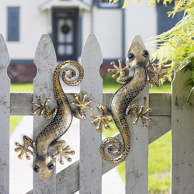 LIFFY Gecko Metal Wall Art Decor 2 Pack 15 Inch - Indoor & Outdoor Lizard Wall Art Hanging Sculpture for Home and Garden