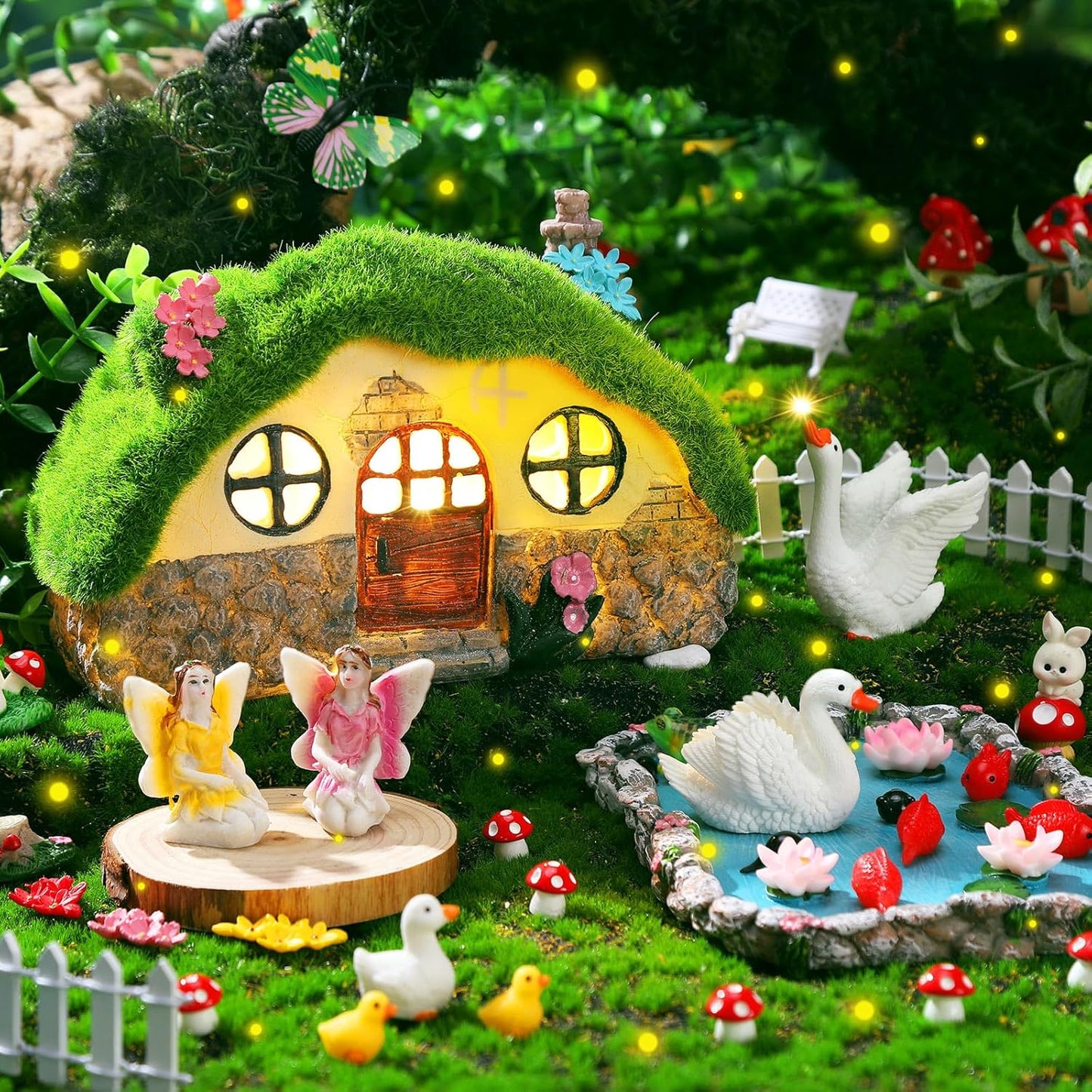 Roowest 57 Pcs Solar Fairy House Garden Accessories Light up Mushroom House Resin Fairy Figures Garden Kit Resin Miniature Fish Pond Figures Micro Landscape Outdoor Decoration