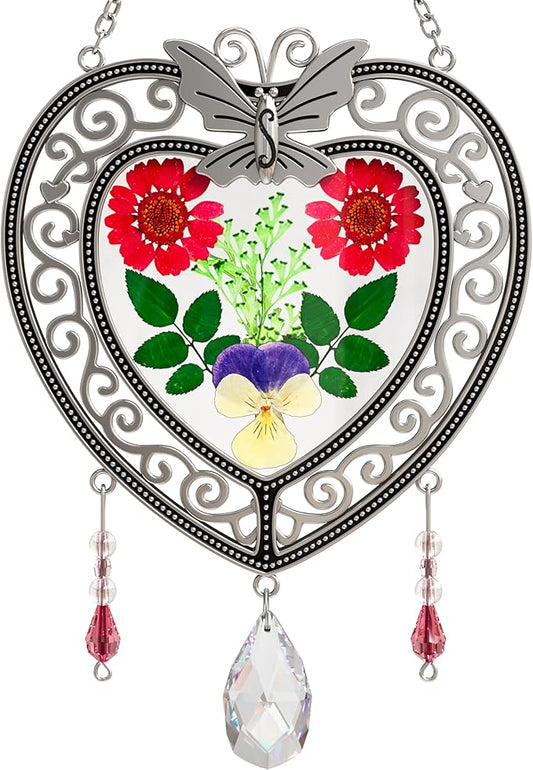 KY&BOSAM Heart Suncatcher Crystal Tree of Life Stained Glass Panles Real Flower Hangings for Windows Home Garden Outside Wind Chime Decor Birthday Gifts for Women Mother`s Day Christmas Ornament
