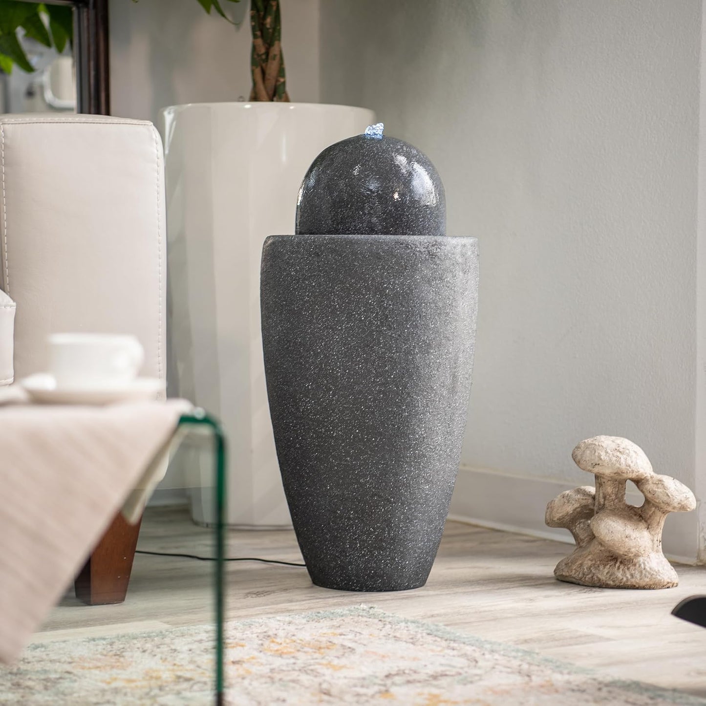 XBrand 25.98" H Round Stone Indoor/Outdoor Modern Stone Textured Sphere Water Fountain w/LED Lights, Ball Fountain Decor, Gray