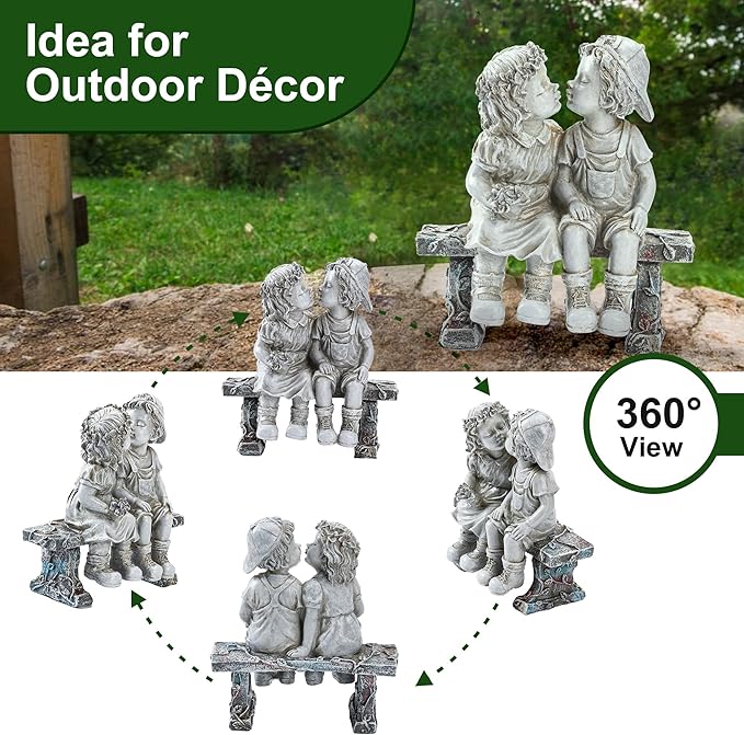 Lily's Home First Kiss Resin Garden Statue, Little Girl and Boy Kissing Yard Miniature Figurine,Small and Exquisite, 9 Inch