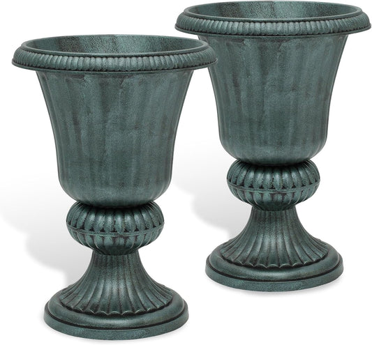 Athena Collection 20''H Bronze Garden Plastic Urn - Vintage Tall Large Planter for Indoor Outdoor Patio Porch, 2 Pieces Flower Pot, Dark Green