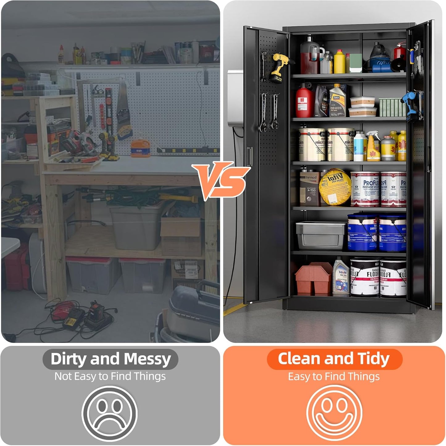 Metal Storage Cabinet with 2 Doors and 5 Adjustable Shelves, 71" H×32" W×16" D Garage Storage Cabinet with Pegboard for Garage,Office,Home,Gym,School, Lockable File Cabinet, Black