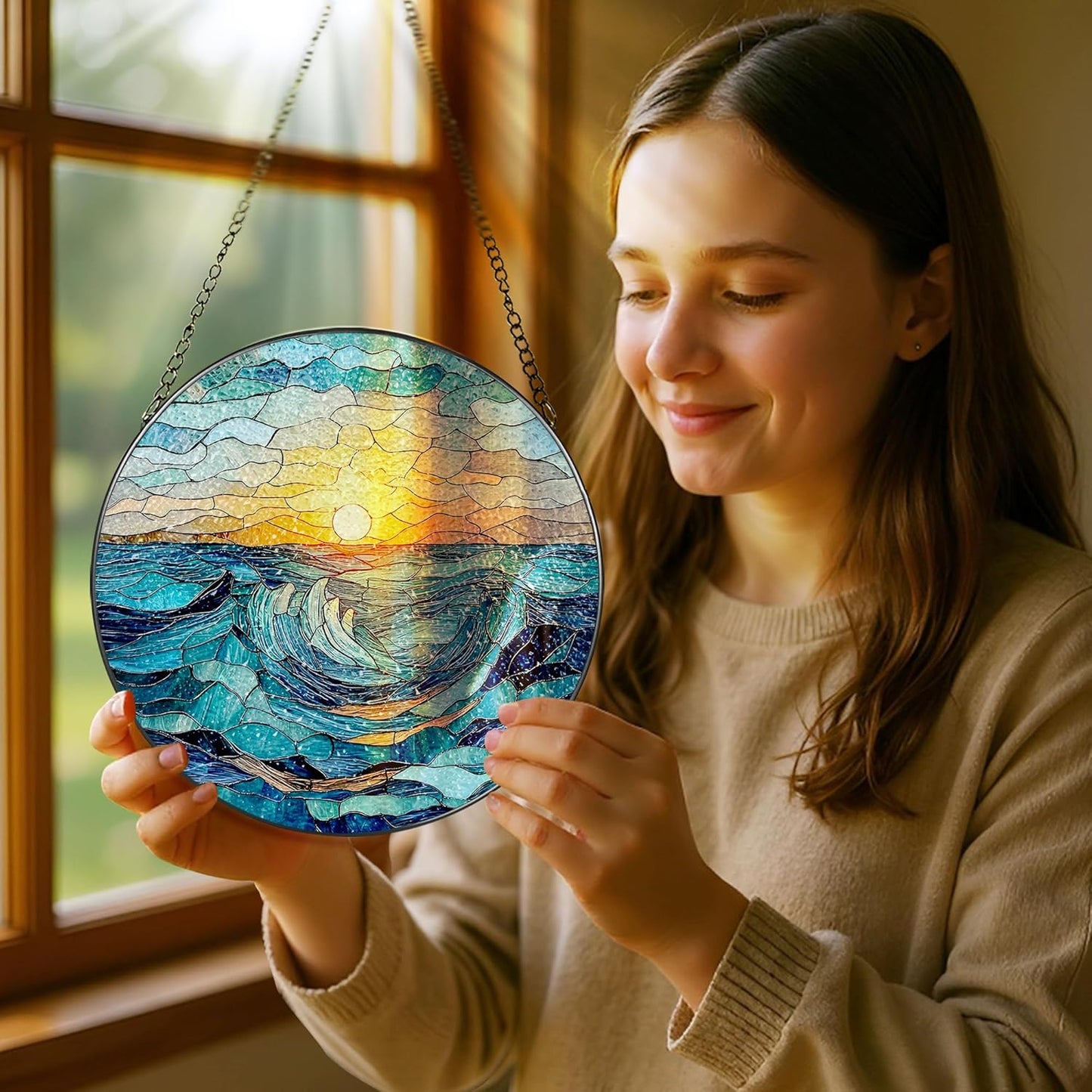 Stained Glass Window Hanging, Pauyadu 8 Inch Beach Stained Glass Suncatcher, Window Decoration Hanging, Sunrise Lover Gift, Natural Gift, Beach Home Decor, Gifts for Family, Friends, Colleagues
