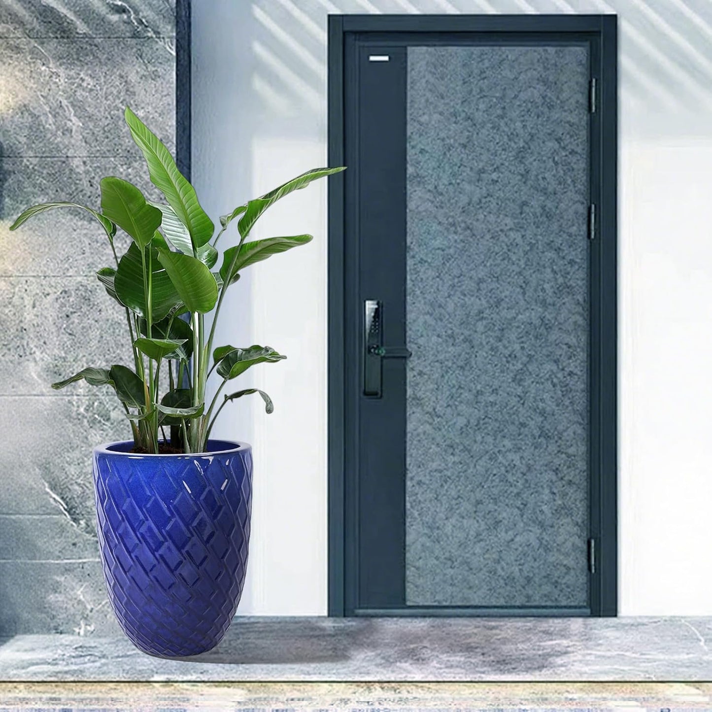 Large Ceramic Planter Pot 21 Inch, Tall Plante Pots Decorative Flower Pot with Diamond Textured Pattern and Drainage for Indoor Outdoor Plants (Dark Blue)