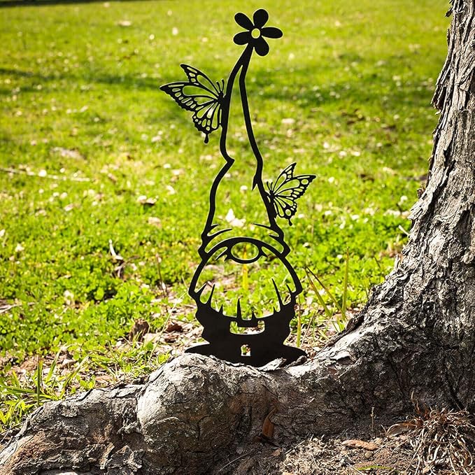 RealSteel Metal Garden Gnomes Outdoor – Steel 4 Pack Lawn Ornaments & Statues, Funny Yard Decor, Weatherproof Garden Decoration, Gift for Gardeners (Textured Silver)