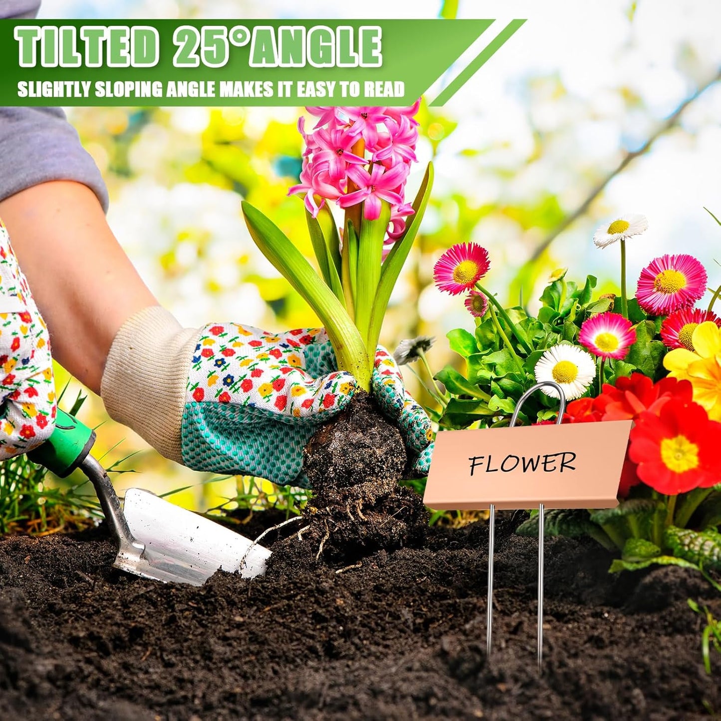 Maitys 60 Pcs Metal Garden Markers Plant Label Stakes Outdoor Weatherproof 10.6 Inch Stainless Steel Nursery Tags Bulk with 2 Pcs Pens (Rose Gold Label with Black Ink)