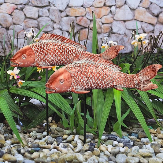 Koi Fish Decor Garden Sculptures & Statues, Outdoor Antique Copper Fish Statues Pond Zen Garden Decor Patio Backyard Lawn Porch Yard Art Decoration, Best Gift for Mother's Day, Set of 2, Large