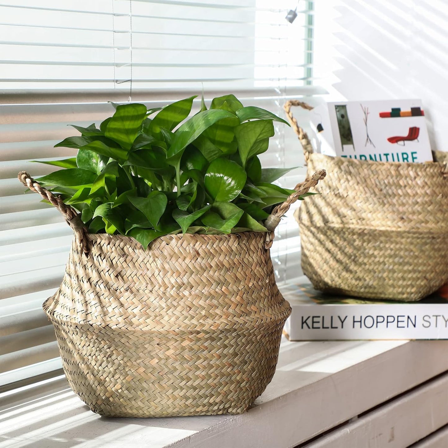 Qunclay Woven Seagrass Baskets Belly Basket Folding Boho Natural Plant Pot with Handles Round Decorative Wicker Large Indoor Planter for Home Outdoor Tree Planters Decor(9 x 11 Inch, 4 Pcs)