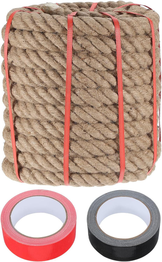 MECCANIXITY Jute Rope 1.5 Inch x 66ft, Thick Twine Rope Ropes Braided Jute Twine Natural Brown Burlap Cord String Heavy Twisted with Tapes for Decorative Crafts Railing Swing Tug of War