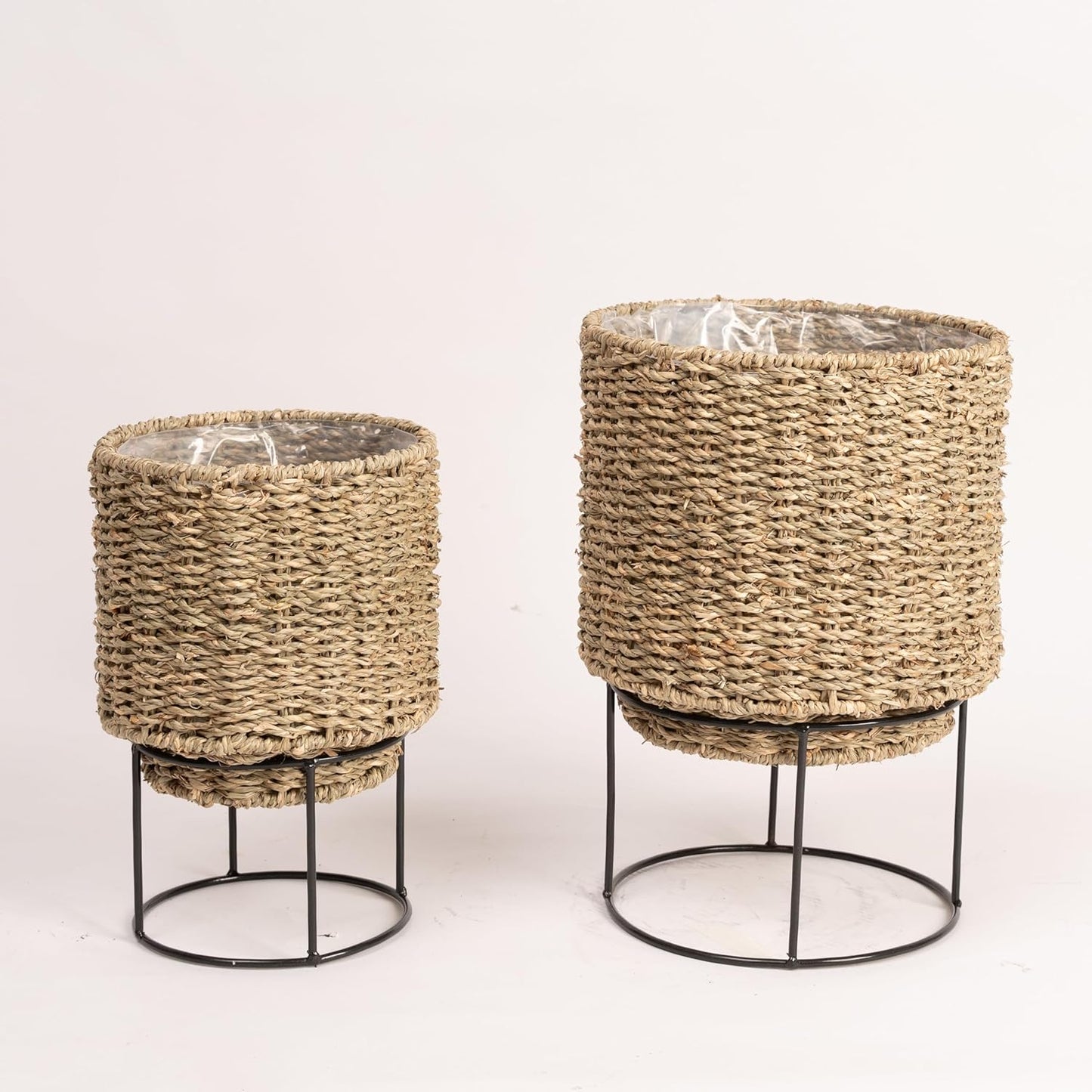 Set of 2 Water Hyacinth Planter Pot with Metal Stand - Indoor Plant, Flower, Succulent, Basket, Decorative Pot Cover (Seagrass)