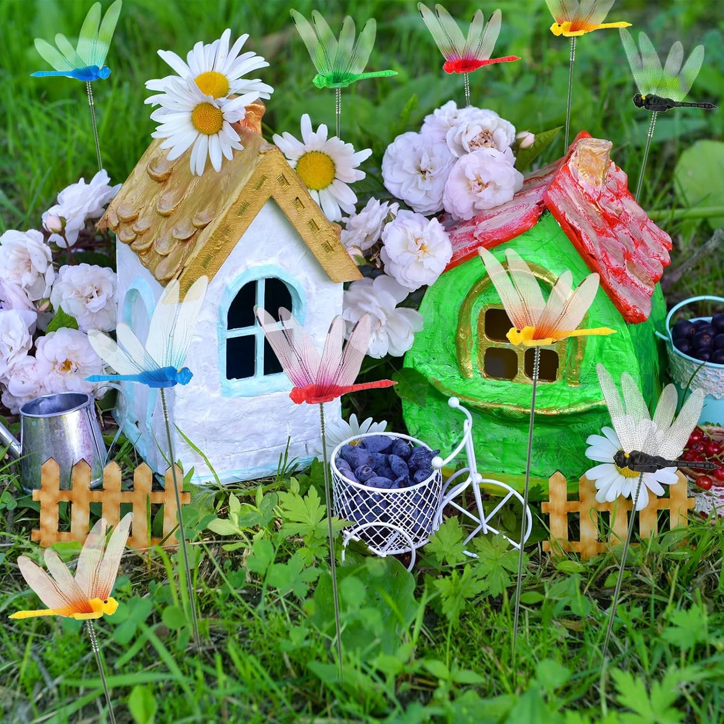 Leinuosen 100 Pcs 3.35" 3D Dragonfly Garden Stakes, Long Dragonfly Stakes Garden Decor Indoor Outdoor Yard Ornaments Flower Pot Patio Decoration(Red, Yellow, Blue, Green, Black)