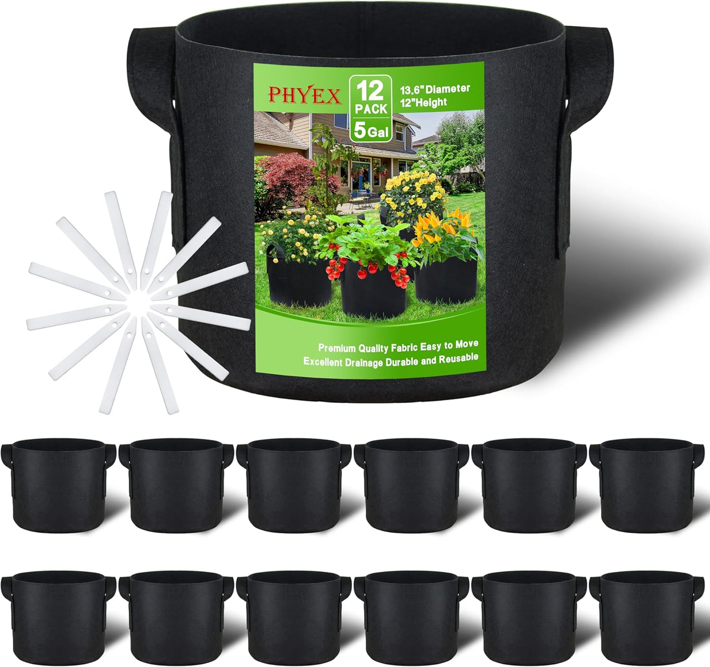 PHYEX 12-Pack 5 Gallon Grow Bags, Heavy Duty Fabric Pots with Handles, Reusable Plant Bags for Vegetable, Herbs & Flowers, BPA-Free, Breathable, Durable