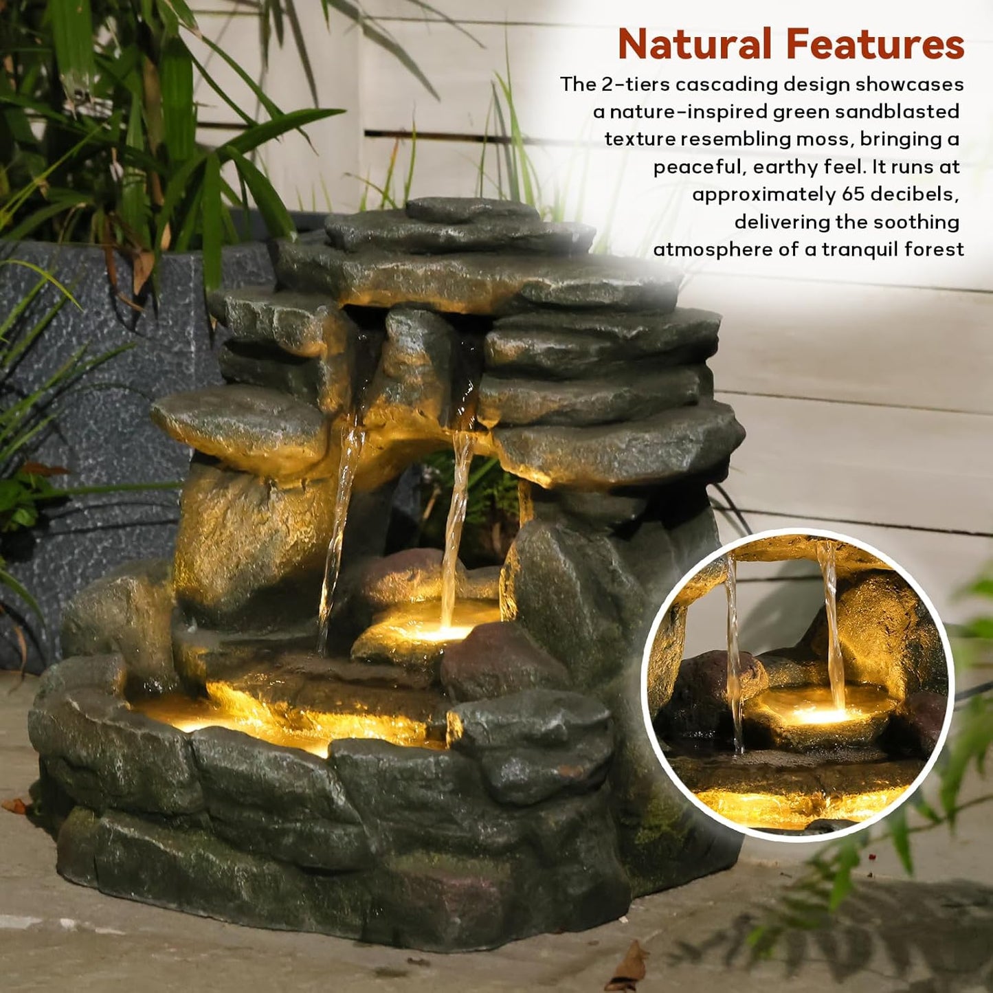 15.6''H Small Rock Water Fountain Outdoor&Indoor, 3-Tier Garden Waterfall with Warm Lights and 2 Flows for Patio, Backyard, Deck, Porch, Home DéCor, Stone Gray